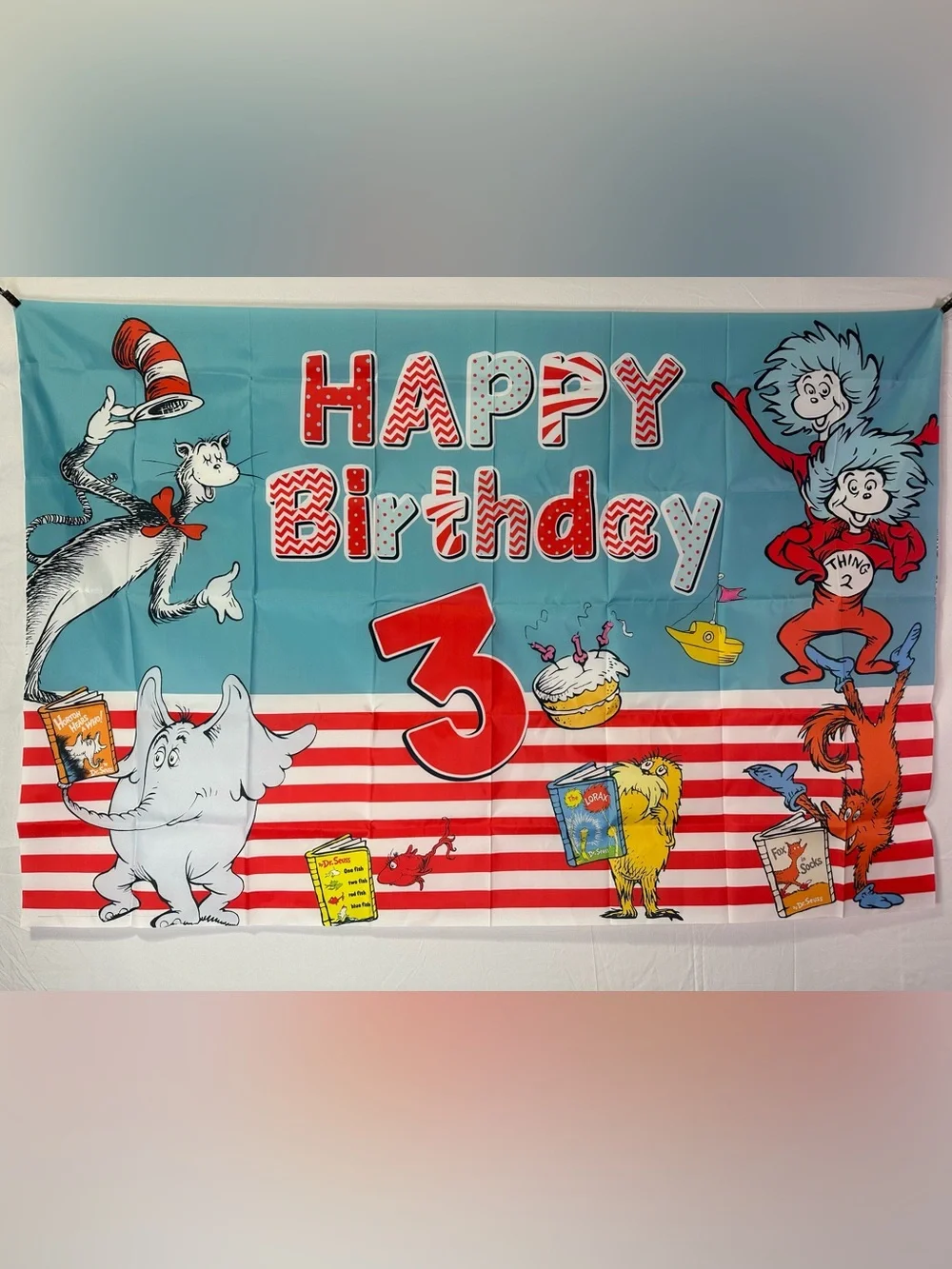Dr. Seuss’s Cat In The Hat Happy 3rd Birthday Backdrop Banner 5x3Ft.